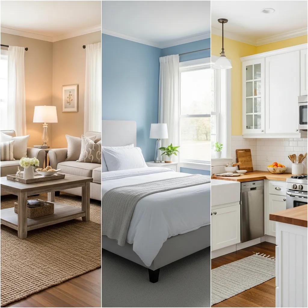 Collage of rooms with recommended paint colors for living room, bedroom, and kitchen