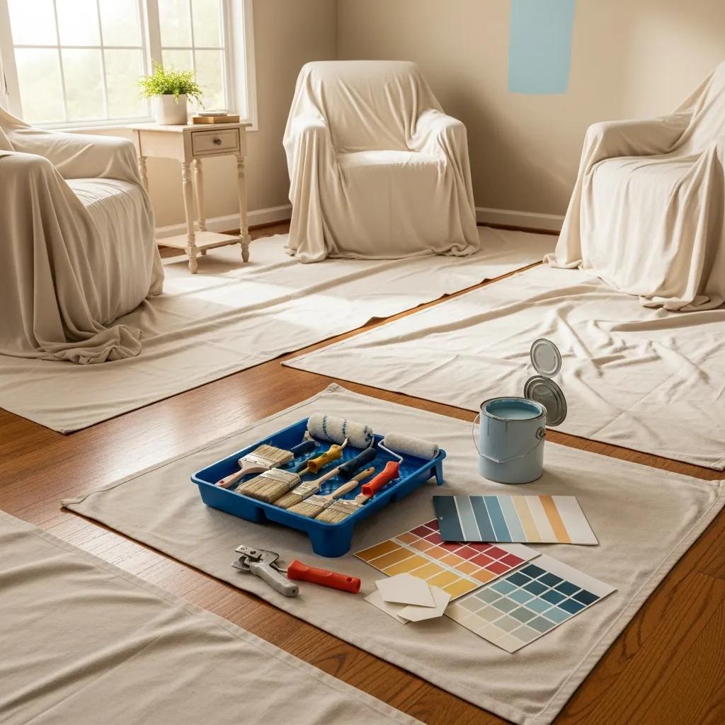 Homeowner preparing living room for painting with tools and drop cloths